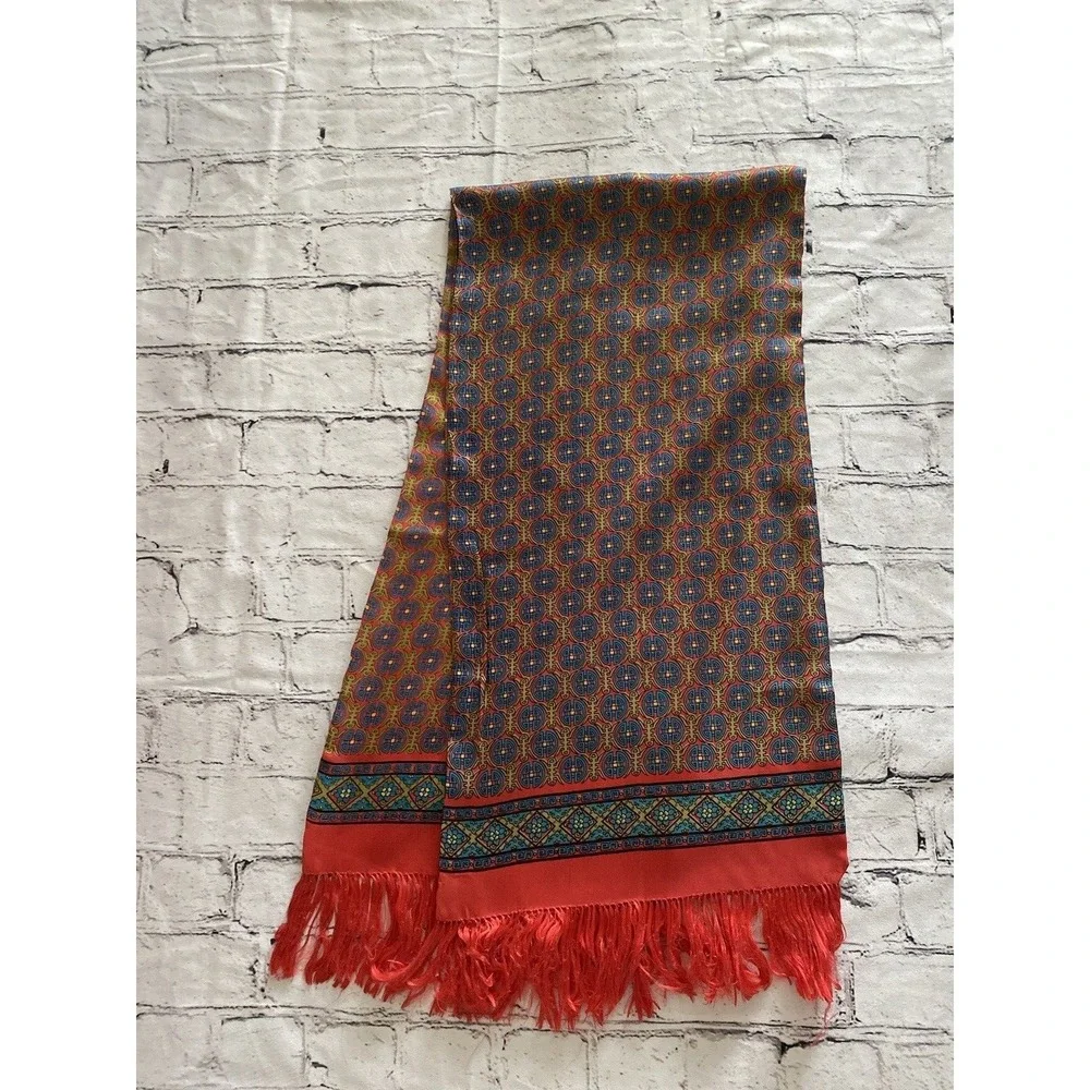 Vintage 100% Silk Rectangular Scarf Japanese‎ Fringe Red Blue Multi 12